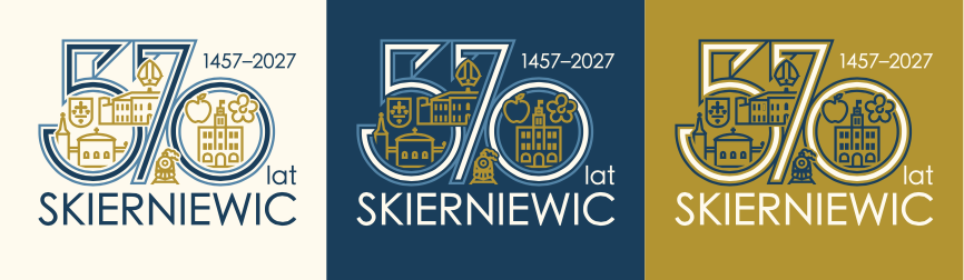 Podstawowa wersja logo na trzech tłach: kremowym, granatowym i złotym.